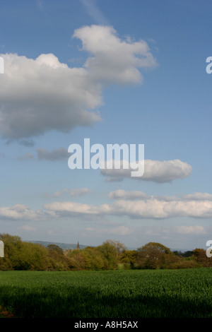 große blaue Himmel und Landschaft Szene von üppigen Grün, Anbau, Ernte und Kirchturm im Abstand, great Malvern, worcestershire Stockfoto