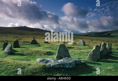 Neun Steine Steinkreis nahe Belstone Tor, Dartmoor Devon England Bronze Age. Auch bekannt als die „neun Maidens“ 1993 1990er Jahre, UK HOMER SYKES Stockfoto