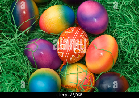 mehrere farbige Ostereier auf dem grünen Rasen verlegen Stockfoto