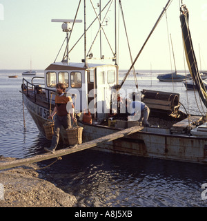 1980er Jahre Archiv sehen Männer bei der Arbeit auf Plank mit Schulter Joche, um Muschelfischkörbe vom Fischerboot der 80er Jahre zu tragen Leigh on Sea Southend Essex England Großbritannien Stockfoto