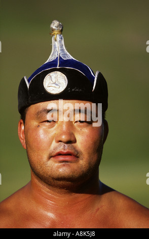 Close-up mongolische Ringer Sportler Mongolei Ringen Porträt einer Person nur vertikal Stockfoto