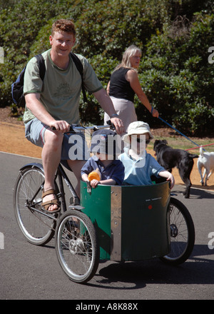 Vater mit zwei Kindern im Warenkorb auf T Fahrrad Zyklus in Dulwich Park in London. Stockfoto