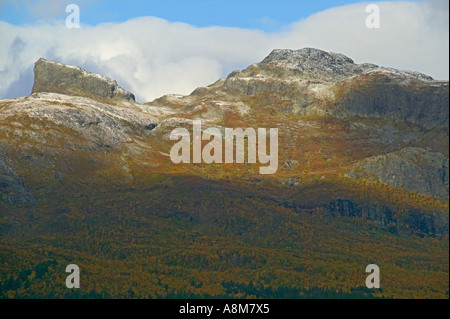 Herbstliche Aussicht auf Berge im Nationalpark Stora Sjöfallet; Laponia World Heritage Area, Lappland, Schweden. Stockfoto