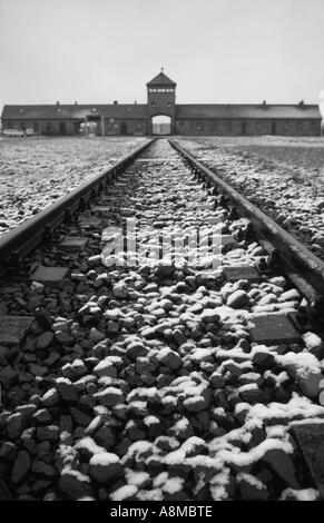 Bahn führt zum Haupttor des Konzentrations- und Vernichtungslager Birkenau, in der Nähe von Auschwitz, Polen. Stockfoto