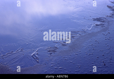 Nahaufnahme von Eis auf einem See mit Cloud Reflexion Holme Fen Cambridgeshire Stockfoto