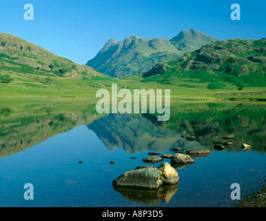 Langdale Pikes gesehen über Blea Tarn, oben Langdale, Nationalpark Lake District, Cumbria, England, UK. Stockfoto