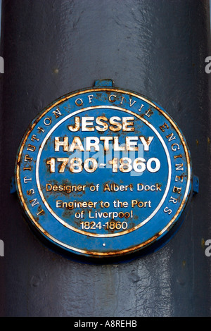 Gedenktafel für Liverpool Jesse Hartley 1780 1860 Designer des Ingenieurs Albert Dock, dem Hafen von Liverpool 1824 18 Stockfoto