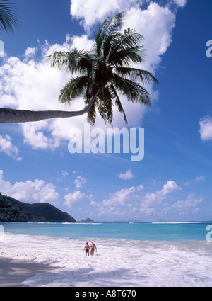 Karibik Urlaub Paar genießen die tropische Surf&Küstenlinie von Cane Garden Bay Strand unter überhängenden Palm Tree Tortola British Virgin Islands Stockfoto
