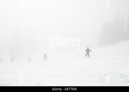 4 Abfahrer im Whiteout Stockfoto