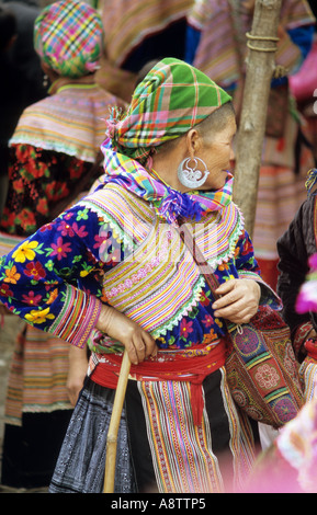 Traditionell gekleidete Flower Hmong Frau am Sonntagsmarkt, Bac Ha, NW Viet Nam Stockfoto