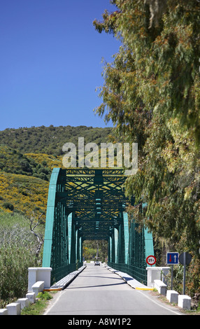 Langen grünen eiserne Brücke über Fluss in Spanien mit schönen natürlichen Umgebung auf dem Land Stockfoto