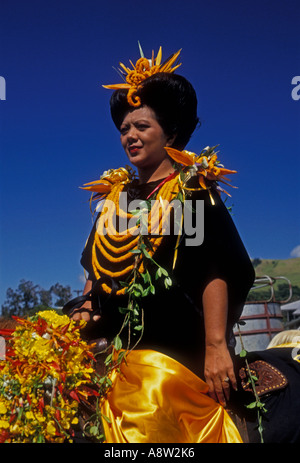 1, 1, hawaiische Frau, erwachsene Frau, halbe Länge, Porträt, Paniolo Parade, Aloha Festivals, Waimea, Hawaii Insel, Hawaii Stockfoto