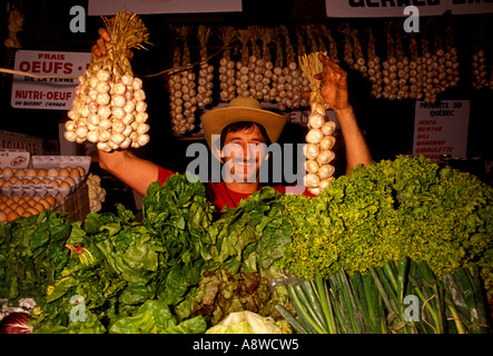 Französisch-kanadischen Mann, franko-kanadischer, Mann, erwachsener Mann, Knoblauch-Hersteller, Anbieter, Verkauf von Knoblauch, Atwater Market, Montreal, Québec, Kanada Stockfoto