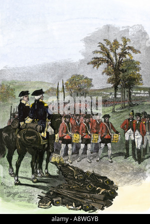 Britische Armee unterwirft sich amerikanische General Horatio Gates nach der Schlacht von Saratoga New York 1777. Hand - farbige Holzschnitt Stockfoto