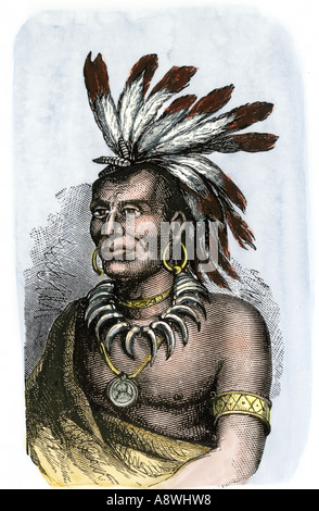 Native American Chief kleine Schildkröte der Miami Tribe. Hand - farbige Holzschnitt Stockfoto