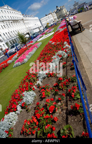 Die Promenade in Eastbourne mit Blumenbeeten im Vordergrund und Hotels im Hintergrund. Stockfoto