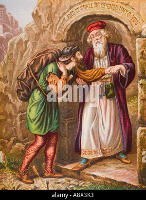 Christian's Ankunft am Wicket Gate. Aus dem Buch "Die Pilgerreise John Bunyan, aus dem späten 19. Jahrhundert edition. Stockfoto