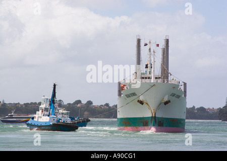 Auckland harbour New Zealand Frachtschiff wird eingespannt aus Dock von Schlepper Stockfoto