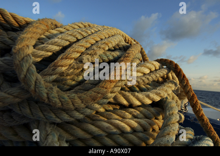 Haufen von Seilen auf dem Bootsdeck eines Stockfoto