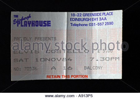 Eine Konzertkarte für den Pop Star Elvis Costello in Edinburgh Playhouse 1984 Stockfoto