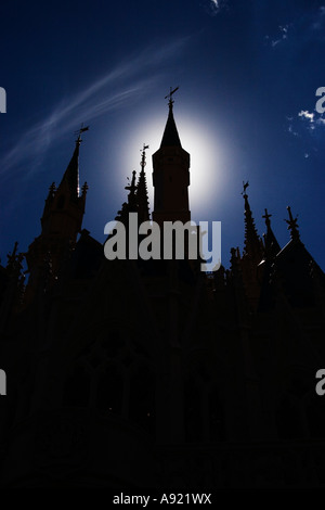 Das Cinderella Castle im Dunkeln mit dem Mond hinter der Hauptturm Stockfoto