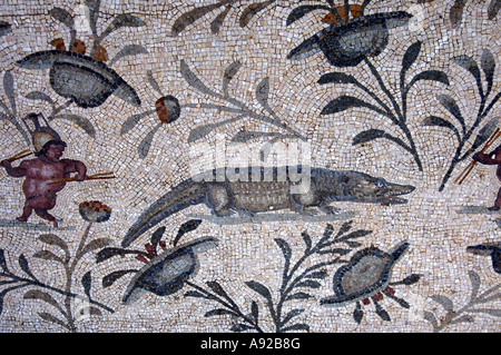 Nilotische Szenen, antike Mosaike, römische Villa Silini, Villa Sileen, Leptis Magna Libyen Stockfoto