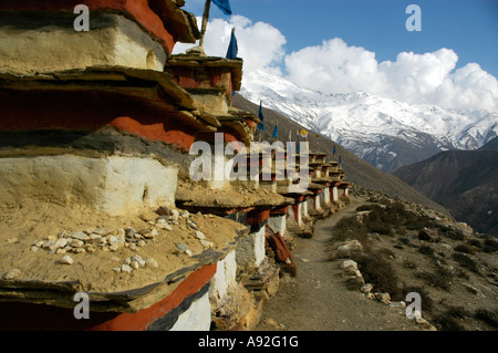 Lange Reihe von Choerten rot lackiert Schwarz / weiß im Kloster Tashi Gompa Phu Nar-Phu Annapurna Region Nepal Stockfoto