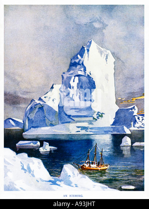 Ein Eisberg Zwerge ein Schiff in der 1920er Jahren englische Magazin Abbildung von einem Walfänger in der Antarktis Stockfoto