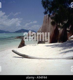 Granitfelsen geprägt durch das Meer Pointe Source d Argent La Digue Seychellen Indischer Ozean Stockfoto