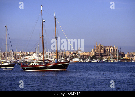 Kathedrale von Palma aus dem Meer in der Bucht von Palma Richtung Norden gesehen Stockfoto