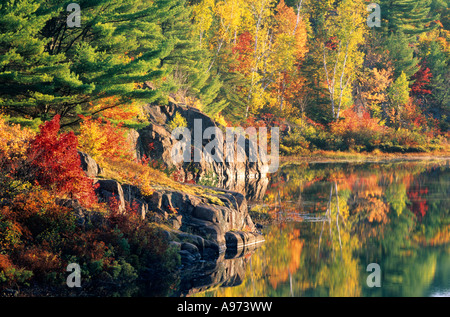 Herbstfarben spiegeln sich in den ruhigen Gewässern des Murdock River, Ontario, Kanada. Stockfoto