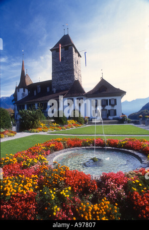 Schloss und Dorf von Spiez Schweiz am Thunersee Stockfoto