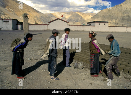 Tibetischen Menschen, erwachsene Männer, erwachsene Frauen, die Lehmziegel, Adobe, Adobe Backstein Backsteine, Ziegel, Ziegel, südlich vom See Yamdrok, Tibet, China, Asien Stockfoto