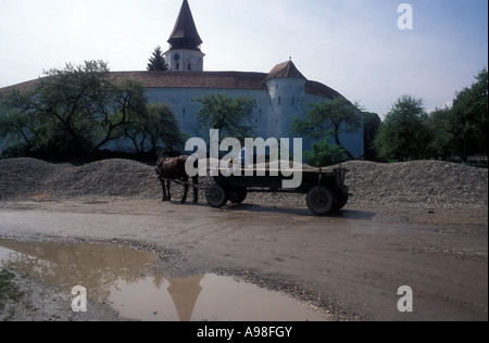 Ein Pferd und flachen hölzernen Wagen vor dem sächsischen Wehrkirche in Prejmer (Siebenbürgen) Rumänien Stockfoto