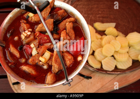 Köstliches ungarisches Gulasch, serviert in einem traditionellen Topf mit Kartoffelscheiben an der Seite, was eine herzhafte Mahlzeit darstellt. Stockfoto