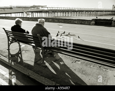 Altes Ehepaar füttern der Tauben am Strand von Weston-Super-Mare, Somerset, England. (Lith Effekt Bild) Stockfoto