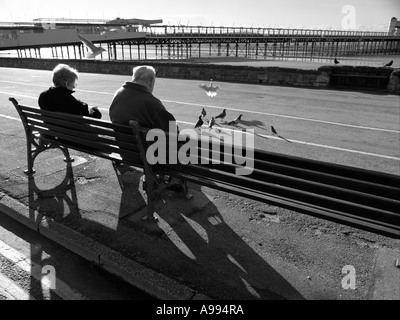 Altes Ehepaar füttern der Tauben am Strand von Weston-Super-Mare, Somerset, England. (Schwarz / weiß-Bild) Stockfoto