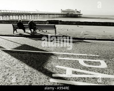 Altes Ehepaar auf einer Bank am Strand von Weston-Super-Mare, Somerset, England. (Lith Effekt Bild) Stockfoto