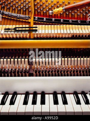 Eine Klaviertastatur und das Innenleben und Mechanismen eines Klaviers Stockfoto