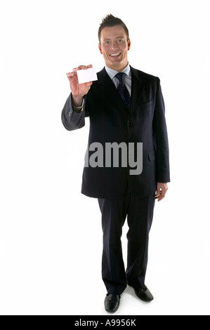 Geschäftsmann in der Hand aus einer leeren Karte legen Sie Ihr eigenes design Stockfoto