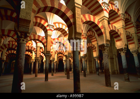 Die Säulen und Bögen aus dem Inneren der Mezquita eine 8. Jahrhundert Moschee in Cordoba im südlichen Spanien Andalusien Stockfoto