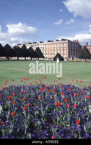 Hampton Court Palace Frühling blühenden Blumenzwiebeln in formalen Gärten und die Ostfassade Stockfoto