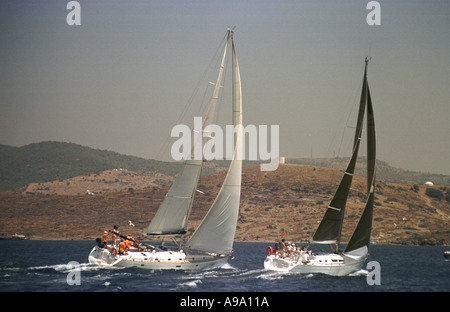 Bodrum, Türkei--Yachtrennen zwischen Bodrum, Türkei und Kos, Griechenland. Stockfoto