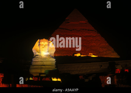 SON ET LUMIERE GROßE PYRAMIDE SPHINX RUINEN GIZEH KAIRO ÄGYPTEN Stockfoto