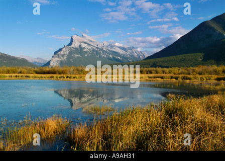 Mount Rundle erhebt sich über Banff Township von Vermillion Seen fahren Banff Nationalpark Kanada Nordamerika Alberta Stockfoto