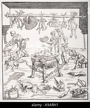 Interieur der italienischen Küche. Jahrhundert die Wiedergabe eines Holzschnitts aus einem Buch über das Kochen von Christoforo di Messisburgo Stockfoto