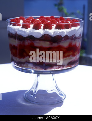 TRADITIONELLE ENGLISCHE SOMMER SHERRY TRIFLE DESSERT IN GLASSCHALE Stockfoto