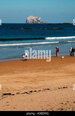 Menschen zu Fuß auf East Bay Beach, North Berwick, East Lothian, Schottland, Vereinigtes Königreich, mit Blick auf Bass Rock, Firth Of Forth Stockfoto