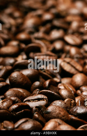 Nahaufnahme von leckeren frisch gerösteten Kaffeebohnen Stockfoto