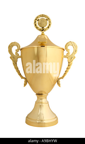 Große goldene Trophäe isoliert auf weiss mit realen Objekt kein 3D Rendering Stockfoto